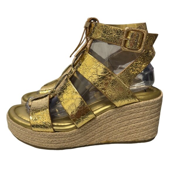 Franco Sarto Palms Espadrille Wedge Sandals Womens 8.5‎ M Gold Buckle Gladiator - Picture 3 of 16